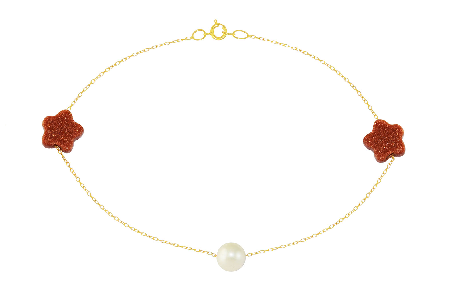  Vera Perla 10K Solid Gold Star Sunstones and Pearl  Bracelet
