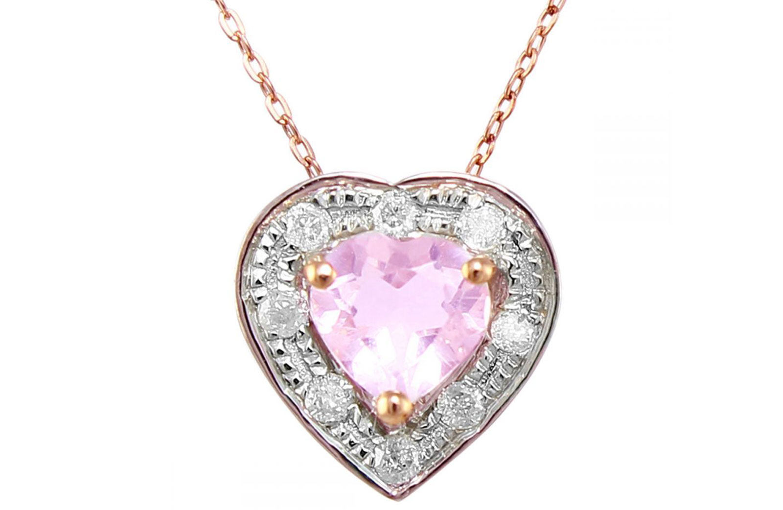 Vera Perla 18K Rose and White Gold and 0.08cts  Diamonds and 5mm Genuine Rose Quartz Heart Necklace 