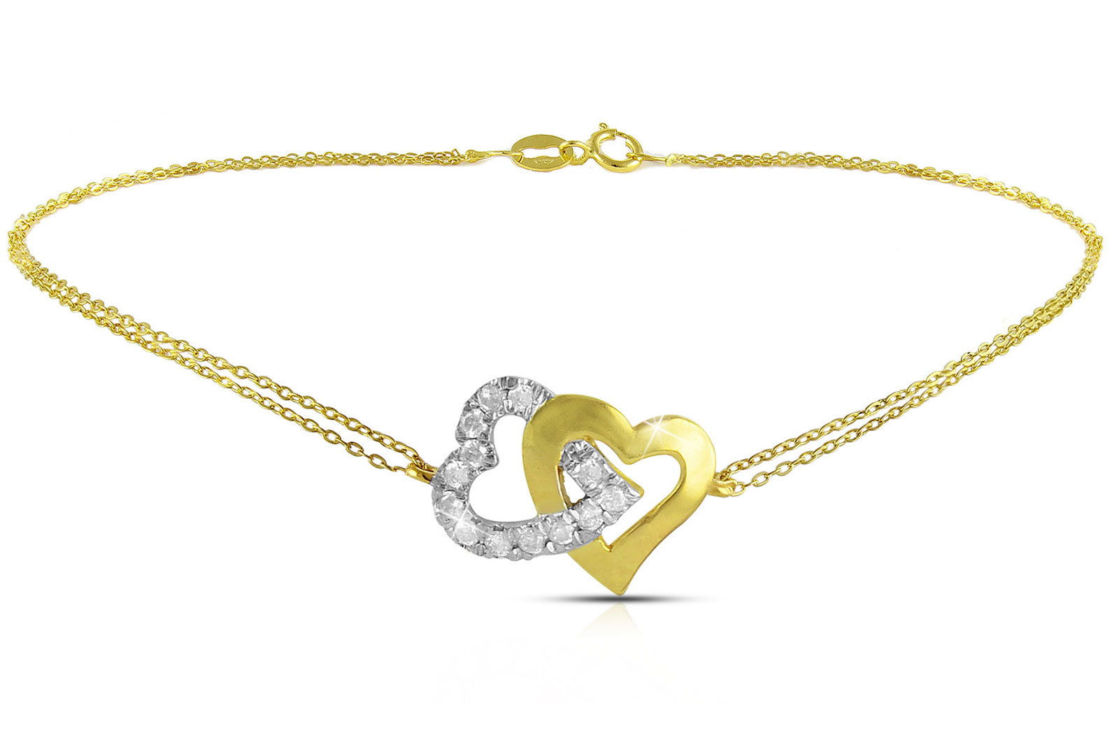 Vera Perla 18K Solid Gold and 0.15Cts Diamonds Interlocking Hearts Double Link Bracelet