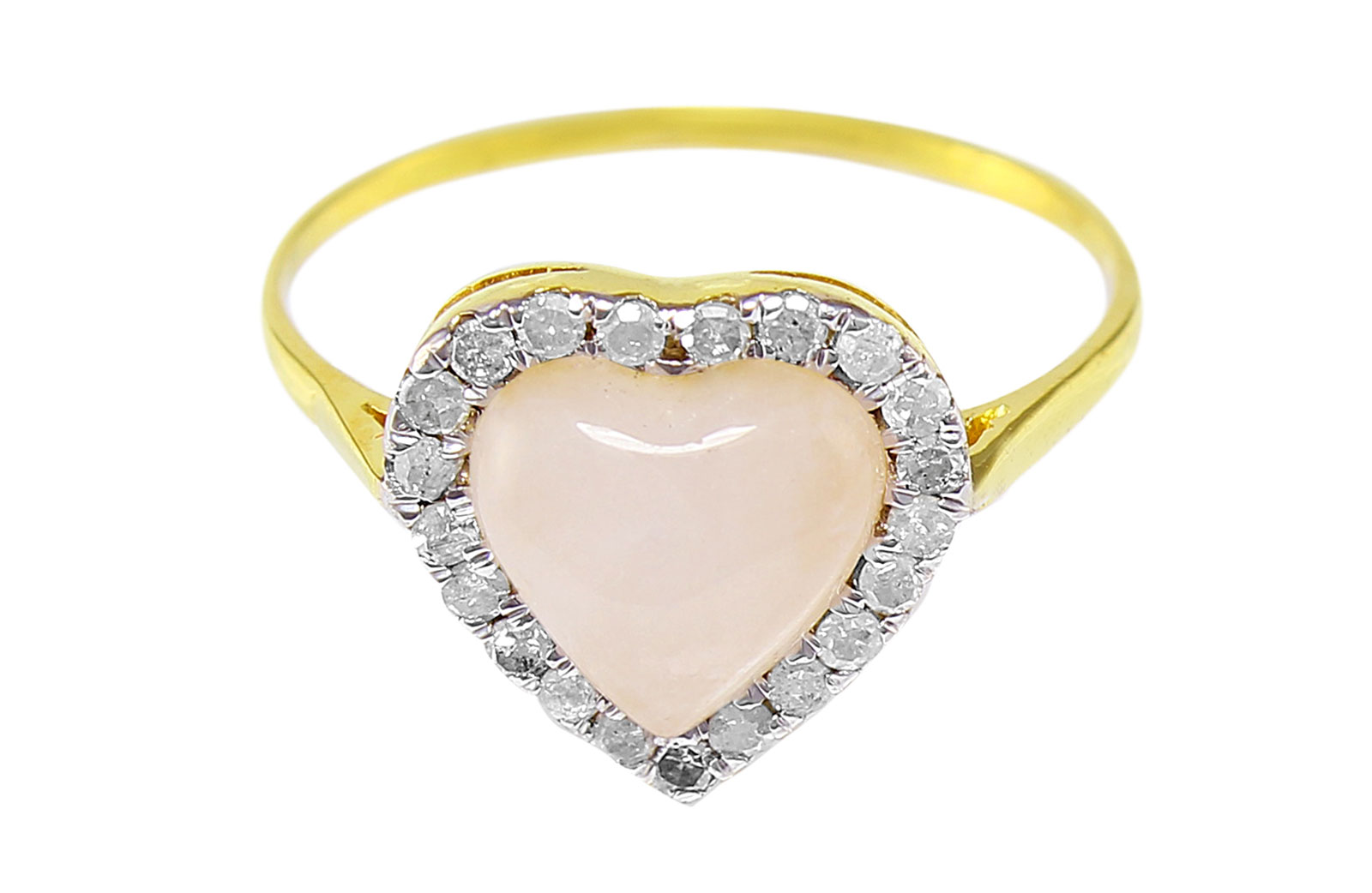 Vera Perla 10K Yellow and White GOLD 9mm Genuine Heart Cabochon Cut Rose Quartz 0.25CT GENUINE DIAMONDS RING -SIZE 6.5 US