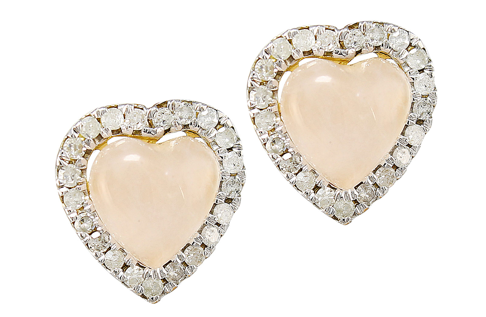 Vera Perla 10K Yellow and White GOLD 9mm Genuine Heart Cabochon Cut Rose Quartz 0.42CT GENUINE DIAMONDS EARRINGS