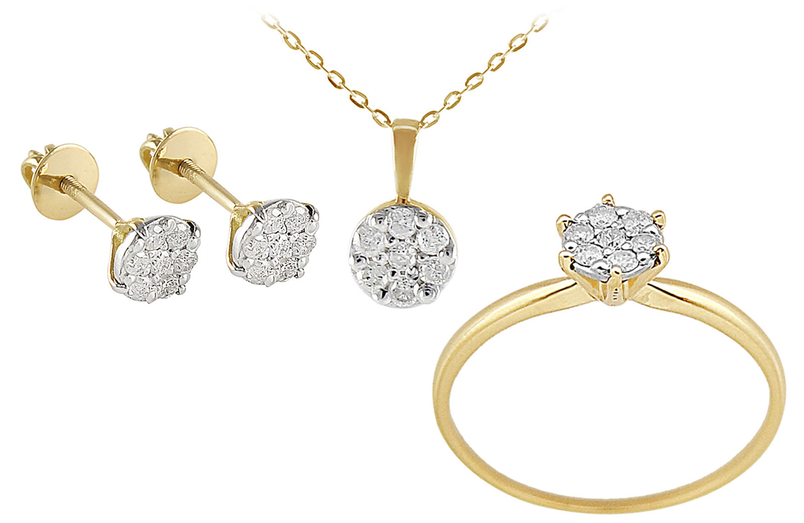 Vera Perla 18k Solid Gold Diamonds Solitaire Earrings, Ring and Necklace Set