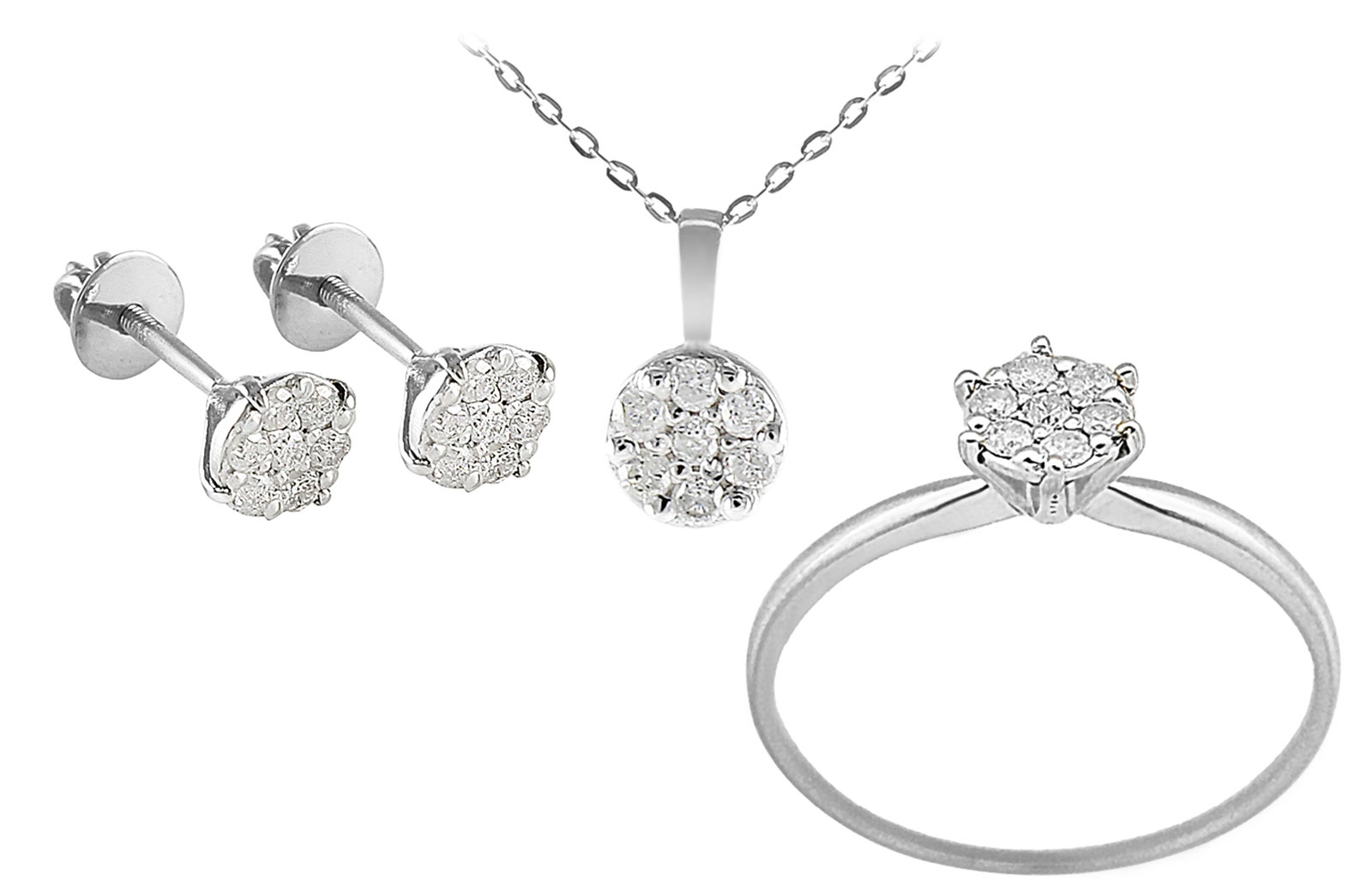 Vera Perla 18k Solid Gold Diamonds Solitaire Earrings, Ring and Necklace Set