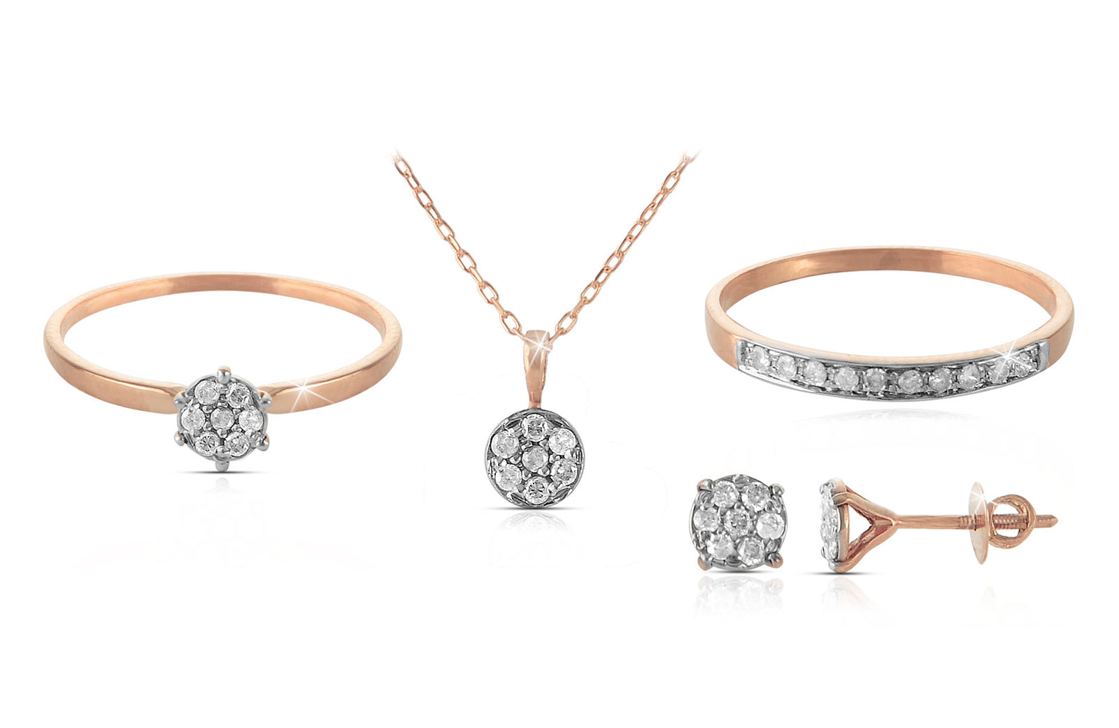 Vera Perla 18k Rose Solid Gold Diamonds Solitaire Earrings, Ring and Necklace Set