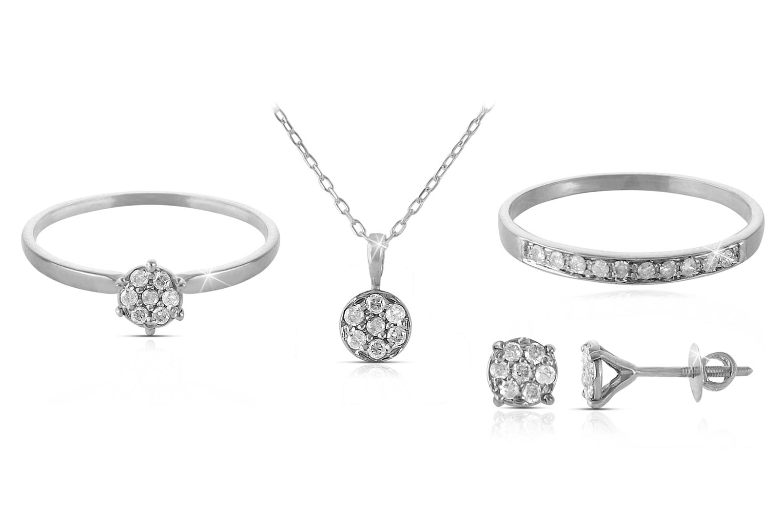 Vera Perla  18k Solid Gold Diamonds Solitaire Earrings, Ring and Necklace Set