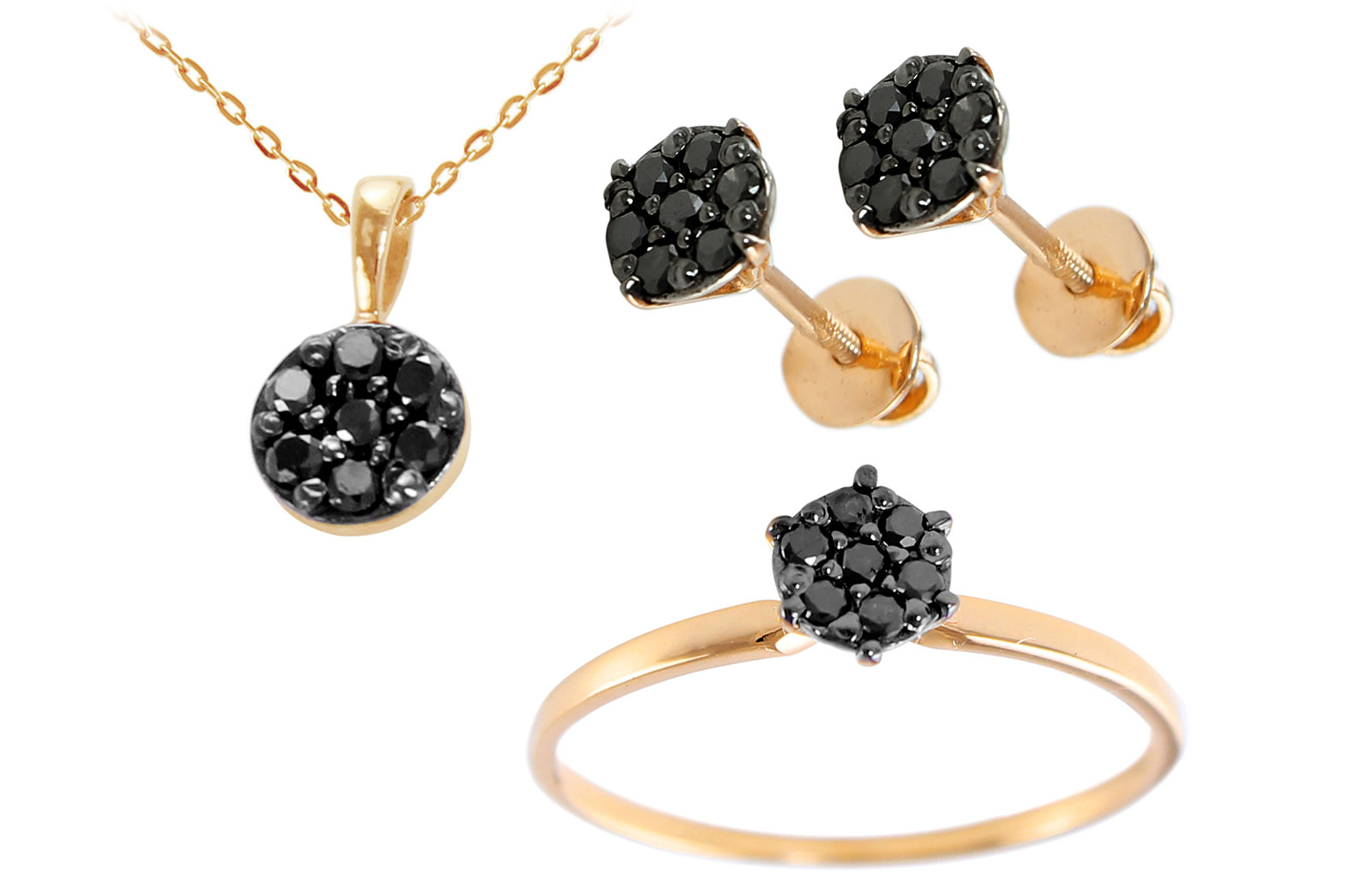 Vera Perla  18k  Solid Yellow Gold Black Diamonds Solitaire Earrings, Ring and Necklace Set