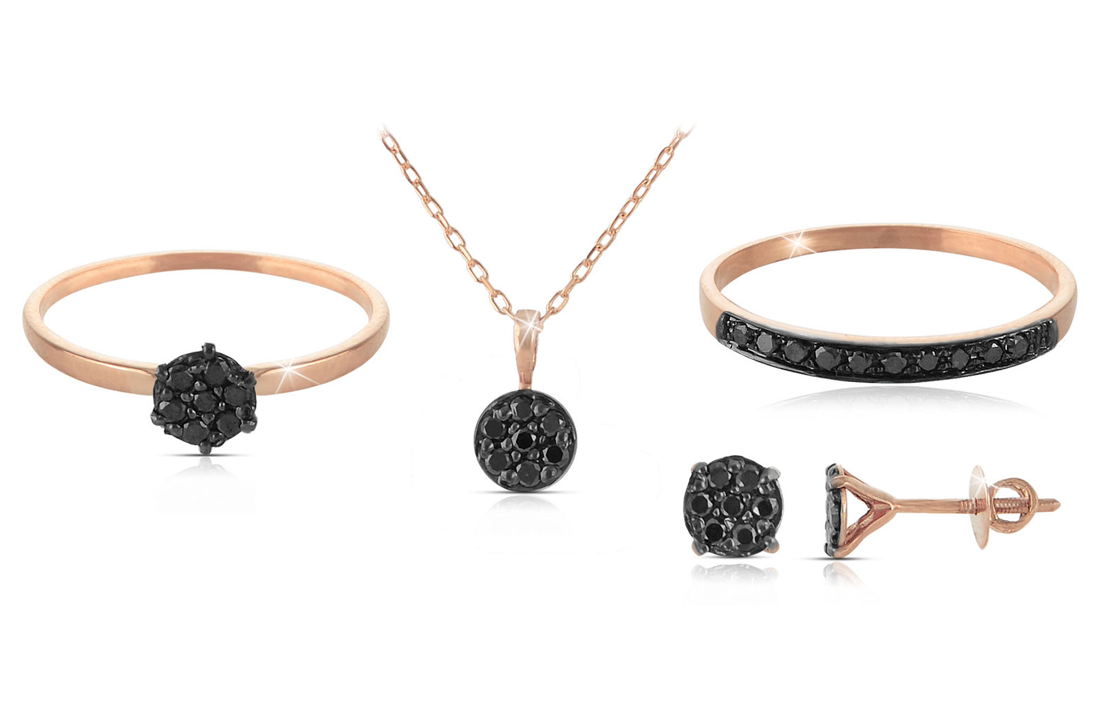 Vera Perla 18k Rose and Black Gold Black Diamonds Solitaire Earrings, Ring and Necklace Set