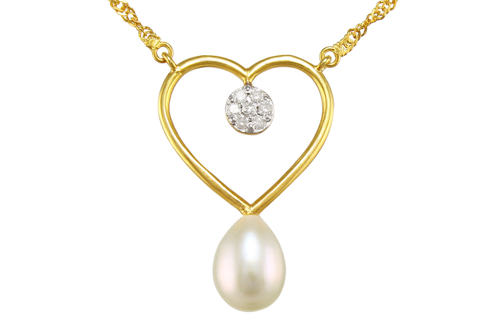 Vera Perla 18K Solid Gold, 0.07Cts Diamonds and 7mm Pearl  Heart Solitaire Necklace