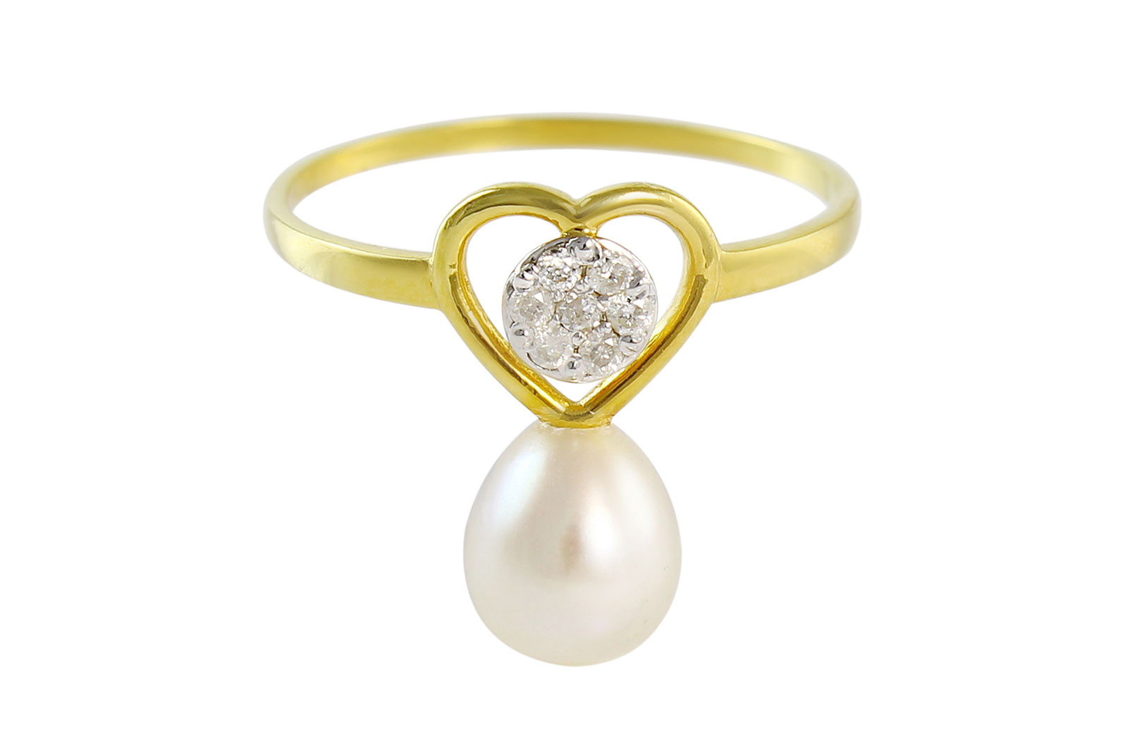 Vera Perla 18K Solid Yellow Gold 0.07Cts Genuine Diamonds and 7mm Pearl   Solitaire  Heart Ring -Size 7 US
