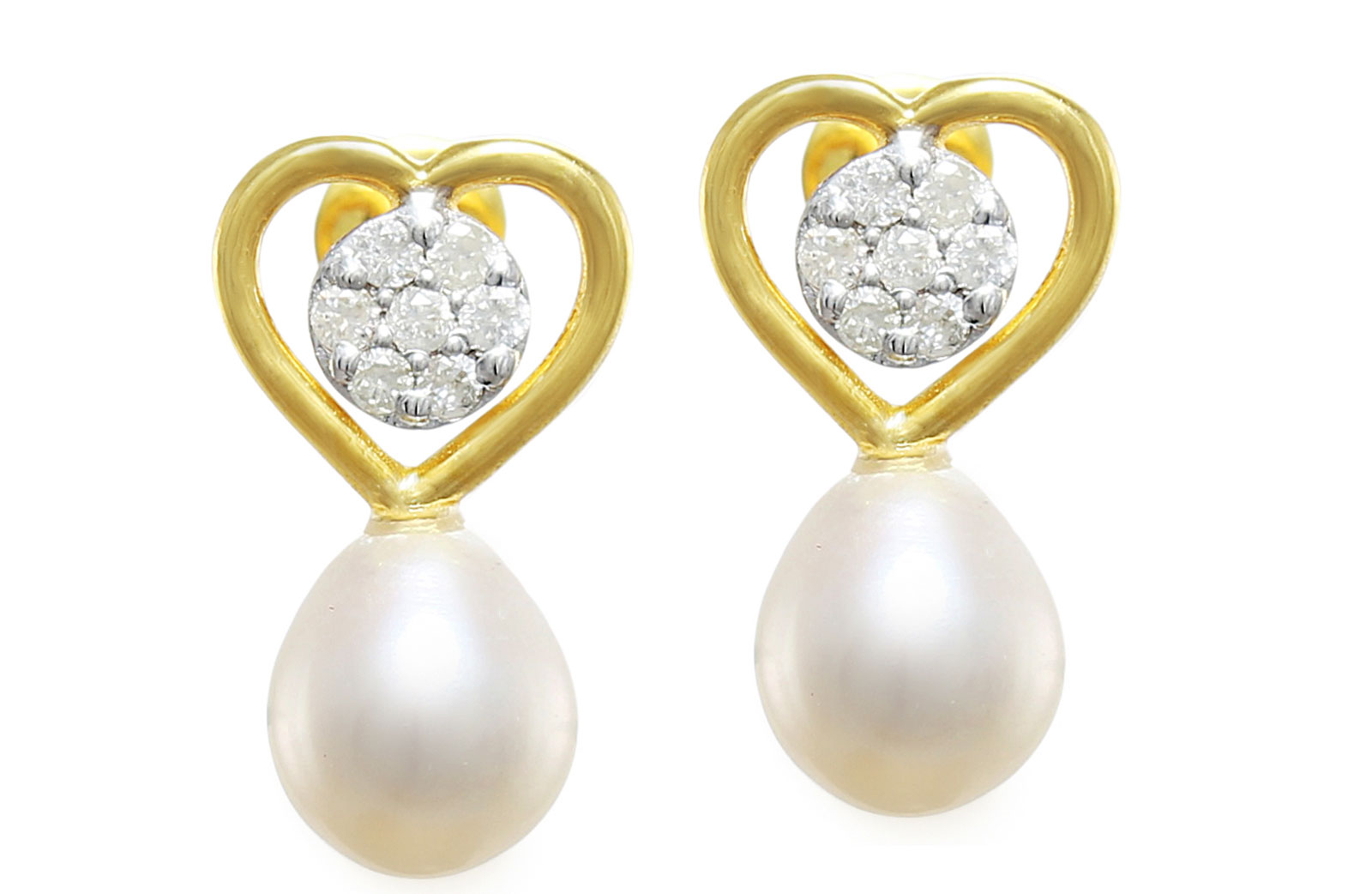 Vera Perla 18K Solid Gold and 0.14Cts Diamonds and 7mm Pearls Solitaire Heart Earrings  