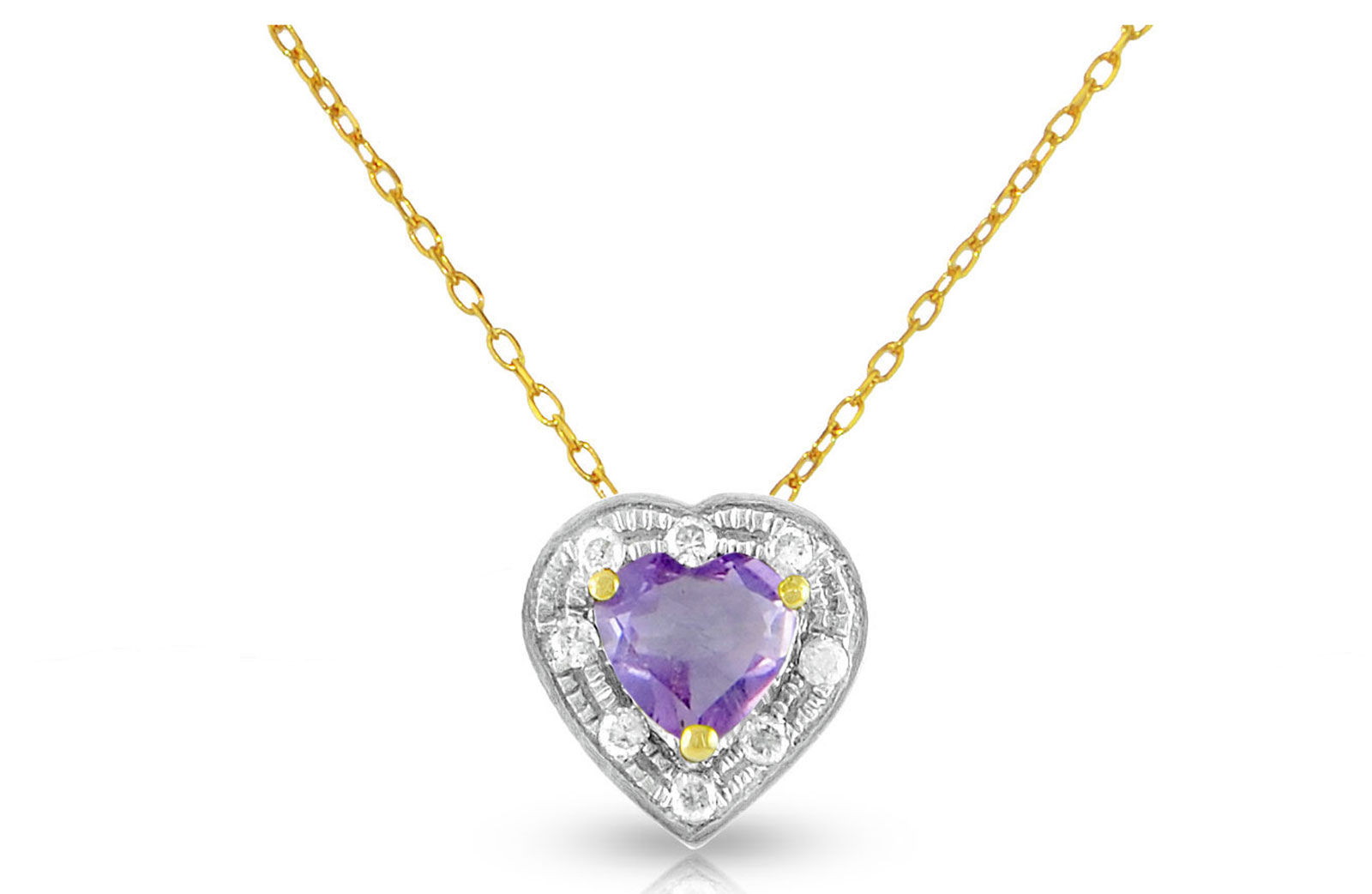 Vera Perla 18K Solid Gold and 0.08Cts Diamonds and 5mm Genuine Amethyst Heart Necklace 