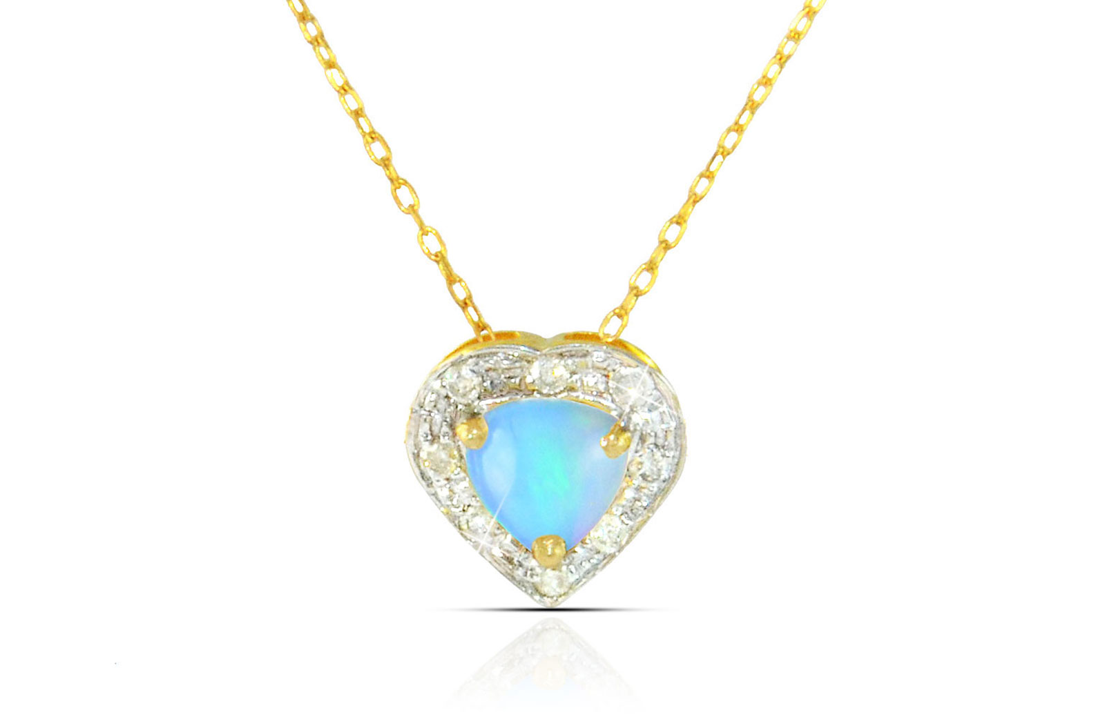 Vera Perla 18K Solid Gold and 0.08Cts Diamonds and 5mm Genuine Ethiopian Opal Heart Necklace 