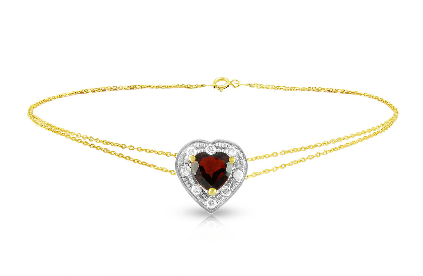 Vera Perla 18K Solid Gold and 0.08Cts Diamonds and 5mm Genuine Garnet Heart Bracelet