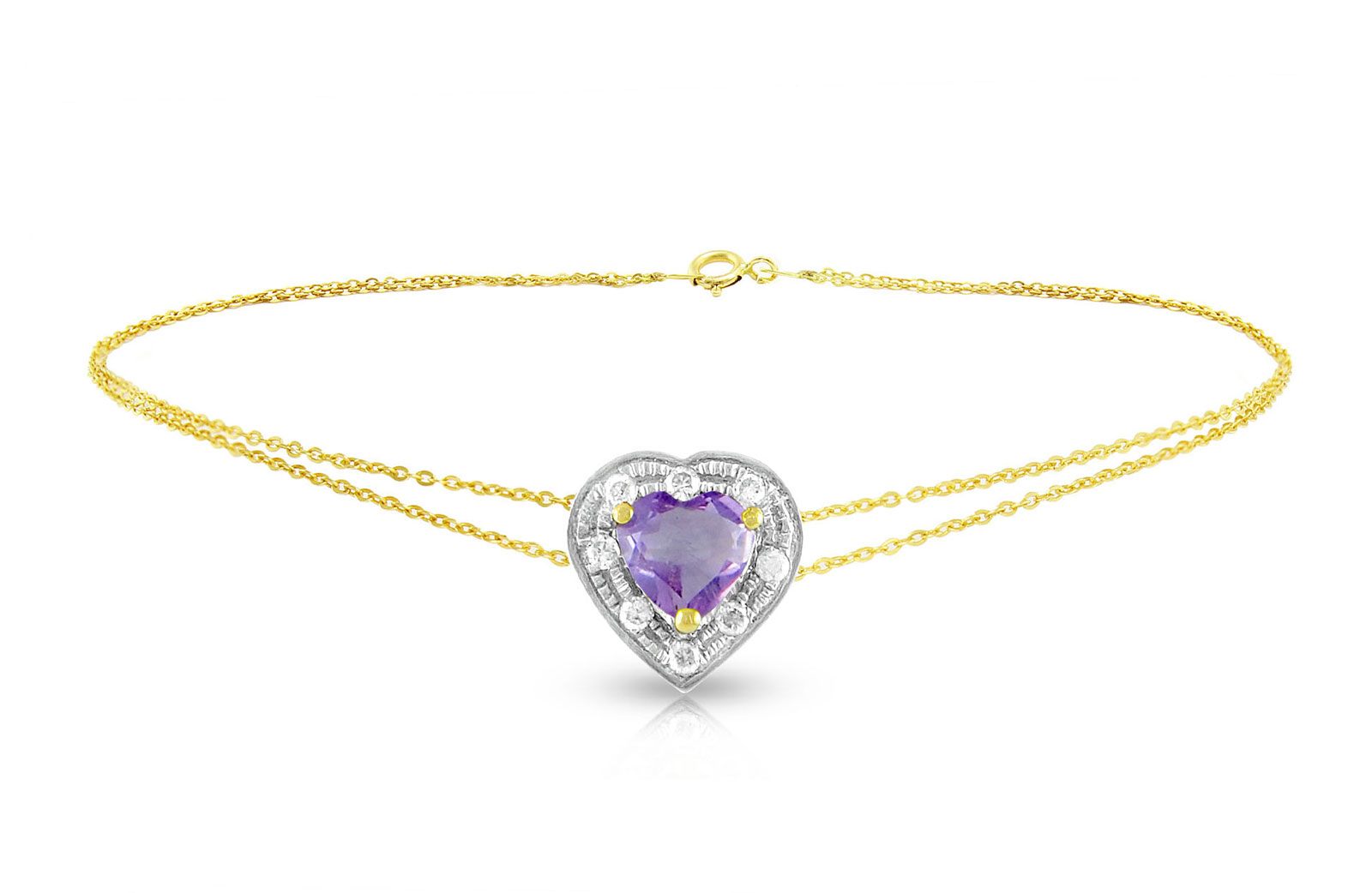 Vera Perla 18K Solid Gold and 0.08Cts Diamonds and 5mm Genuine Amethyst Heart Bracelet