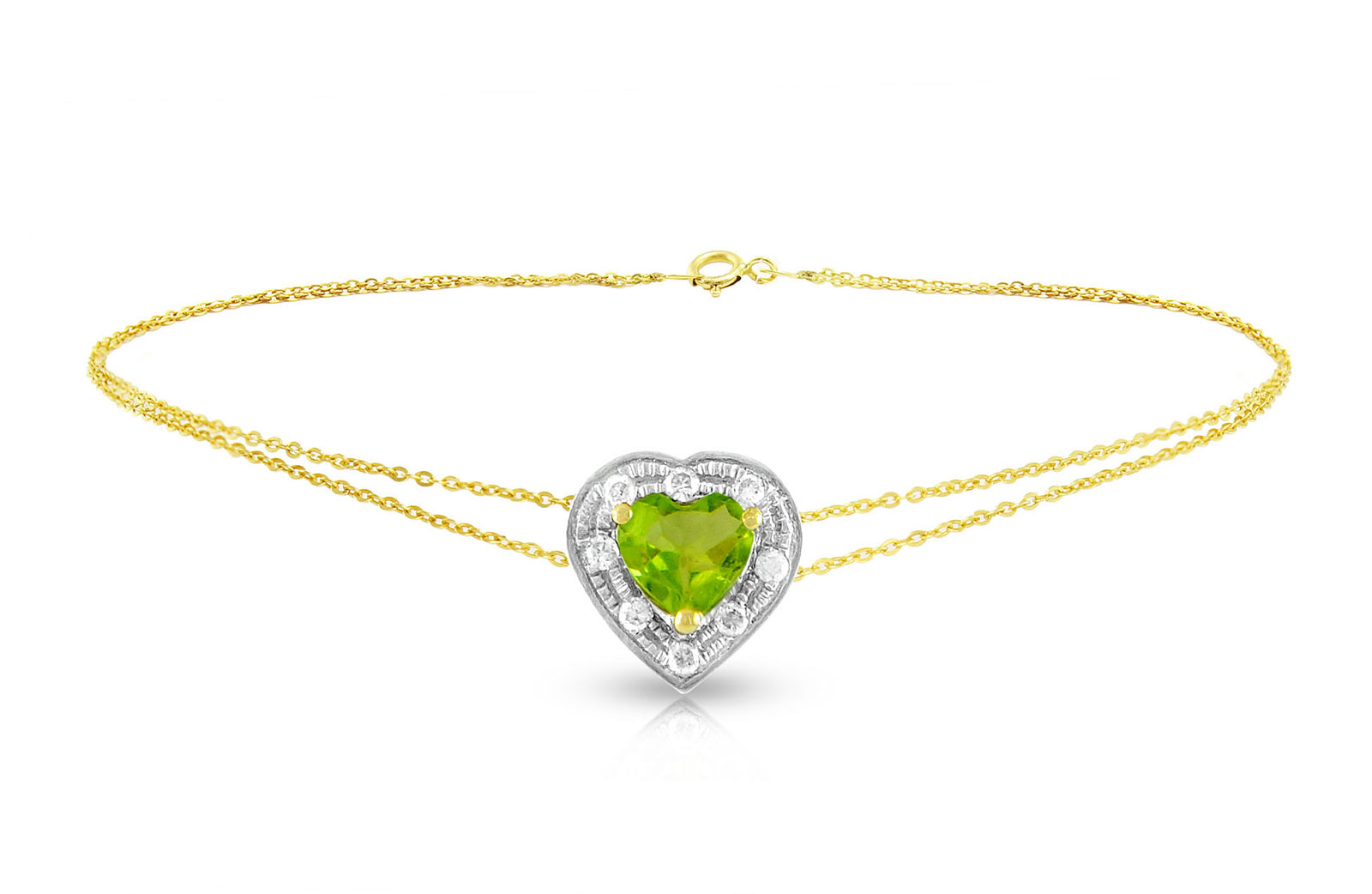 Vera Perla 18K Solid Gold and 0.08Cts Diamonds and 5mm Genuine Peridot Heart Bracelet 