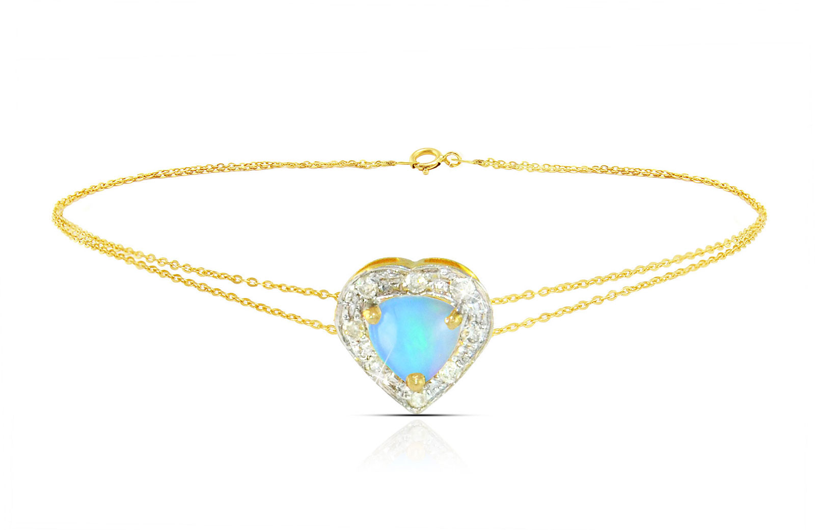 Vera Perla 18K Solid Gold and 0.08Cts Diamonds and 5mm Genuine Ethiopian Opal Heart Bracelet 