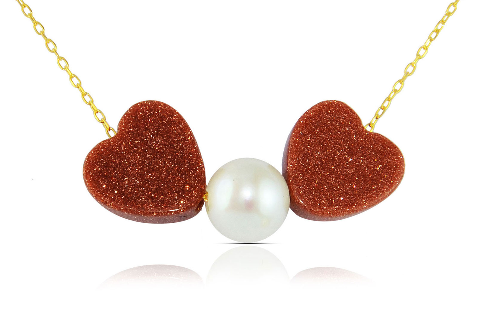 Vera Perla  18K Solid Gold Heart Sunstones and Pearl Necklace