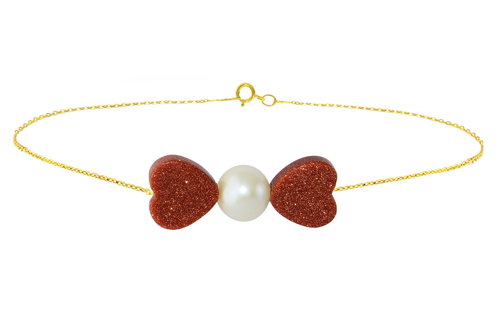 Vera Perla 18K Solid Gold Heart Sunstones and Pearl Bow Bracelet
