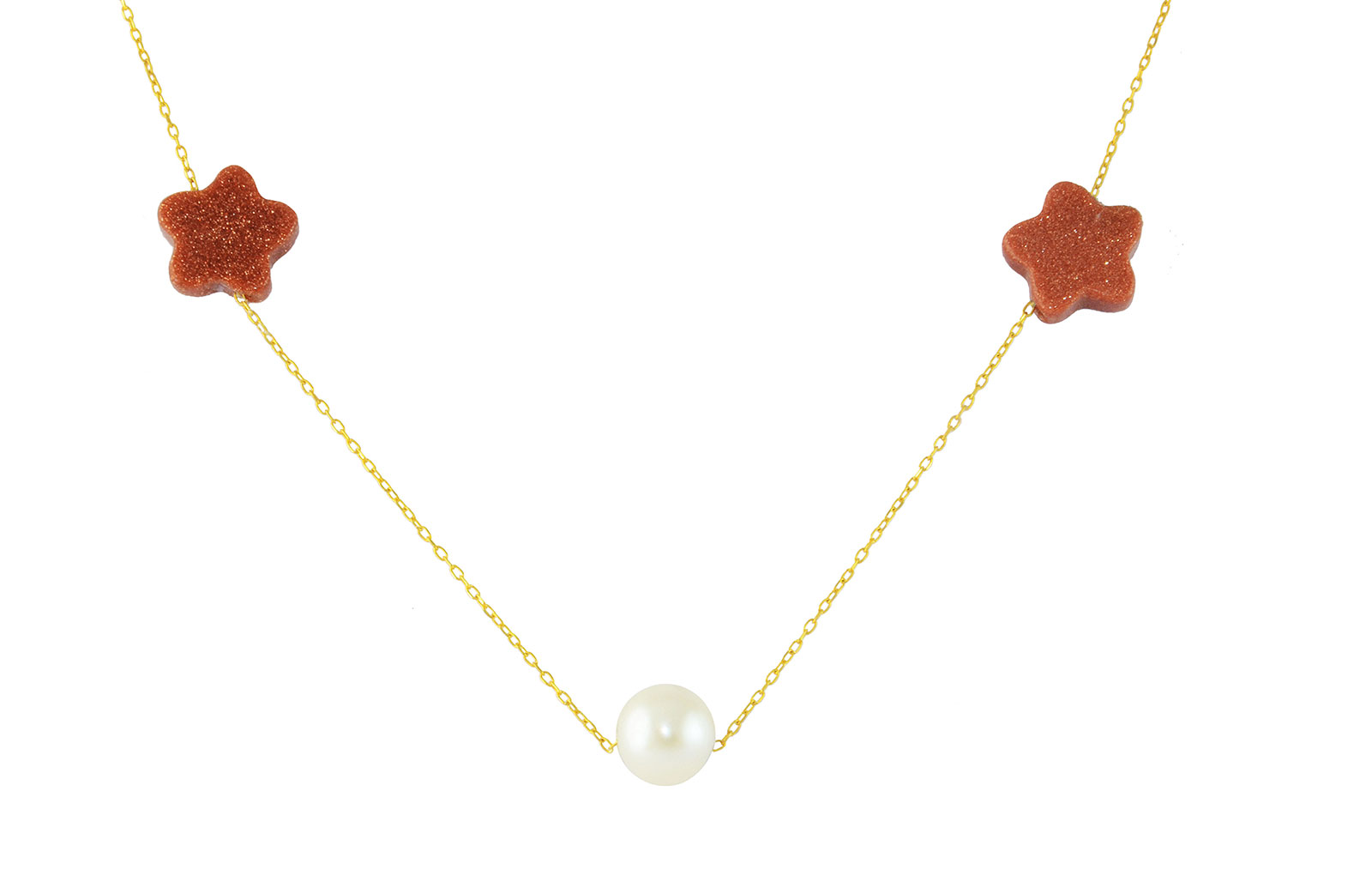 Vera Perla  18K Solid Gold Star Sunstones and Pearl Necklace