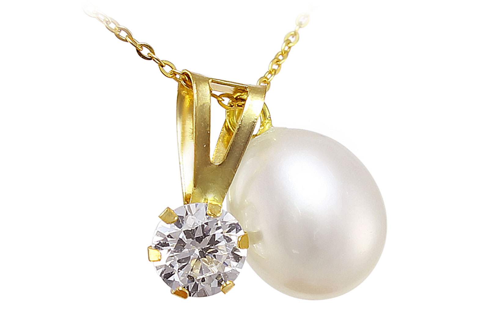 Vera Perla 18k Solid Gold 7mm White Pearl and CZ Solitaire Pendants Necklace 