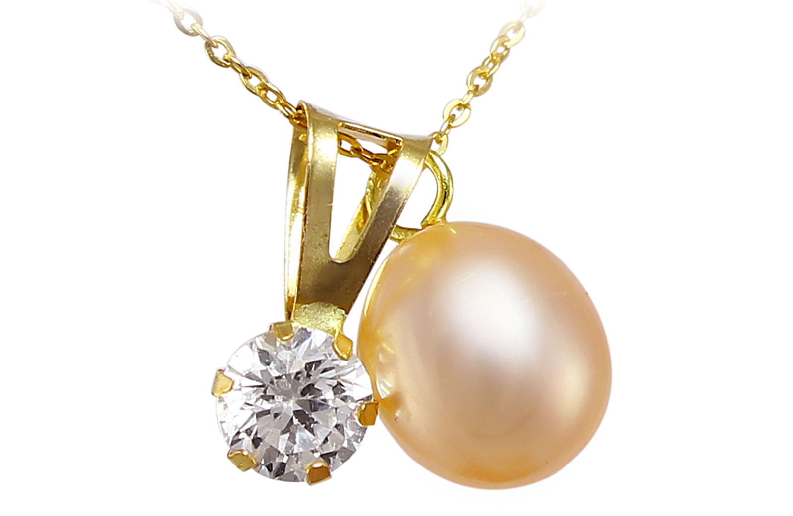 Vera Perla 18k Solid Gold 7mm Pink Pearl and CZ Solitaire Pendants Necklace 