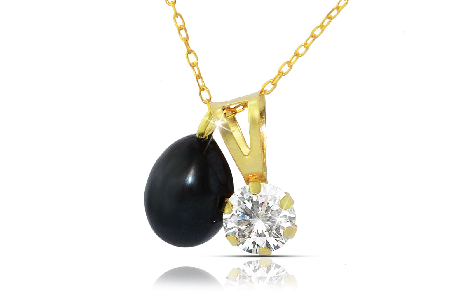 Vera Perla 18k Solid Gold 7mm Black Pearl and CZ Solitaire Pendants Necklace 