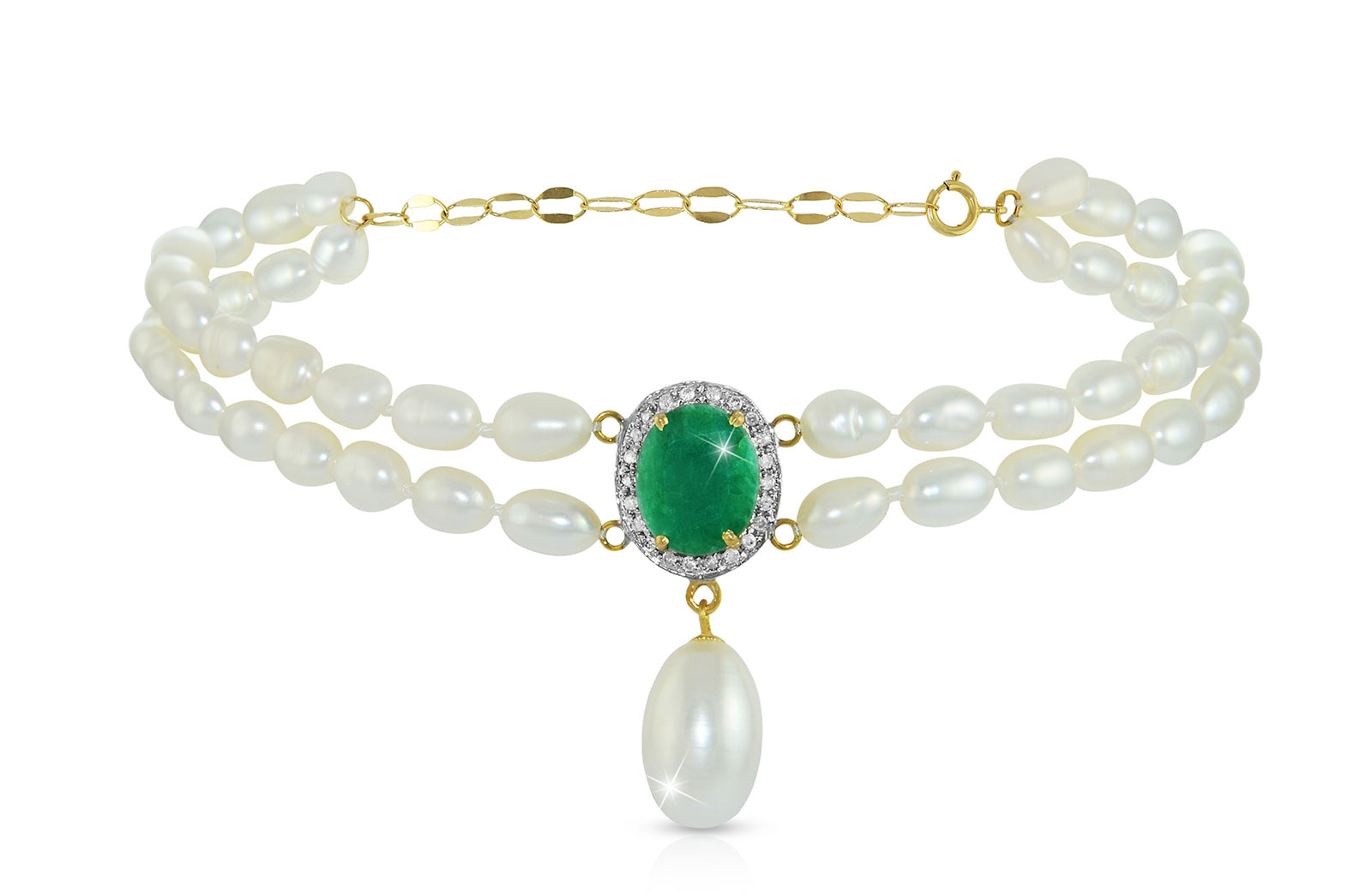 Vera Perla 18k  Gold 10mm Genuine Oval   Cut Emerald 0.12Ct Genuine Diamonds and Pearls Bracelet