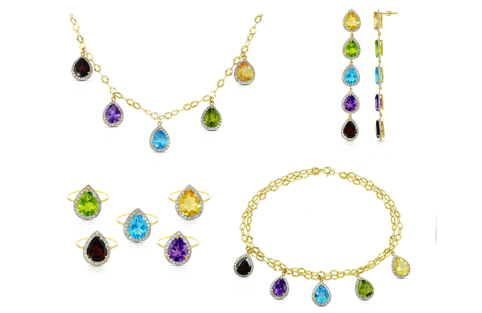 Vera Perla 18K  Gold 2.6Ct Genuine Diamonds, Garnet, Amethyst, Swiss Blue Topaz, Peridot, Citrine 4 Pcs Jewelry Set