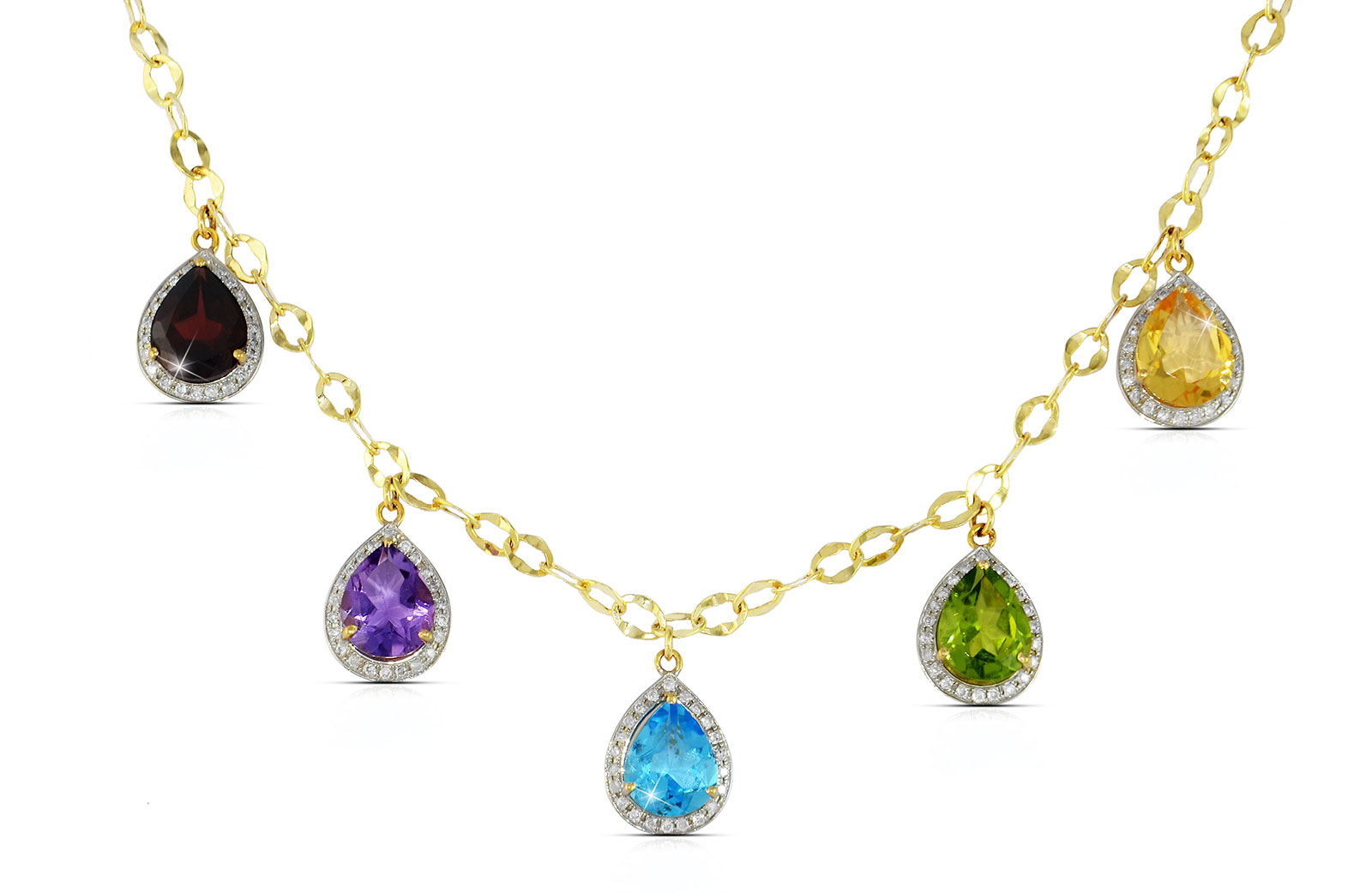 Vera Perla 18K  Gold 0.64Ct Genuine Diamonds, Garnet, Amethyst, Swiss Blue Topaz, Peridot, Citrine Necklace 