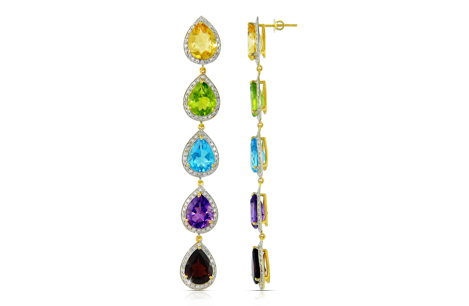 Vera Perla 18K  Gold 1.28Ct Genuine Diamonds, Citrine, Peridot, Swiss Blue Topaz, Amethyst, Garnet earrings