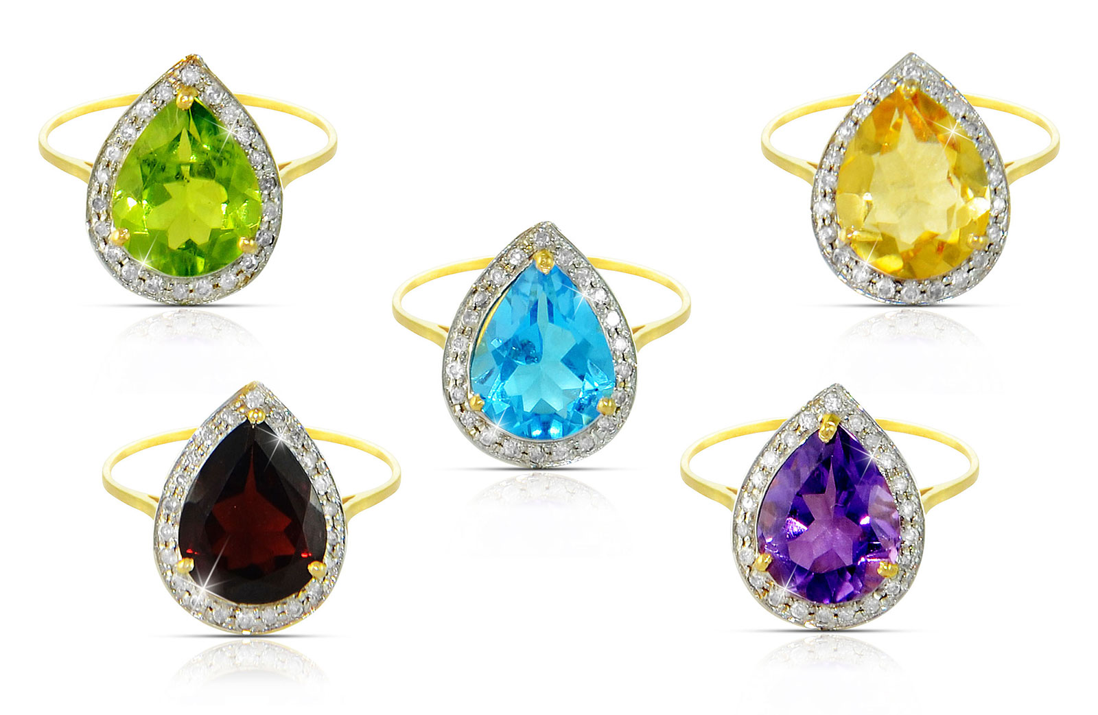 Vera Perla 18K  Gold 1.28Ct Genuine Diamonds, Citrine, Peridot, Swiss Blue Topaz, Amethyst, Garnet Rings Set