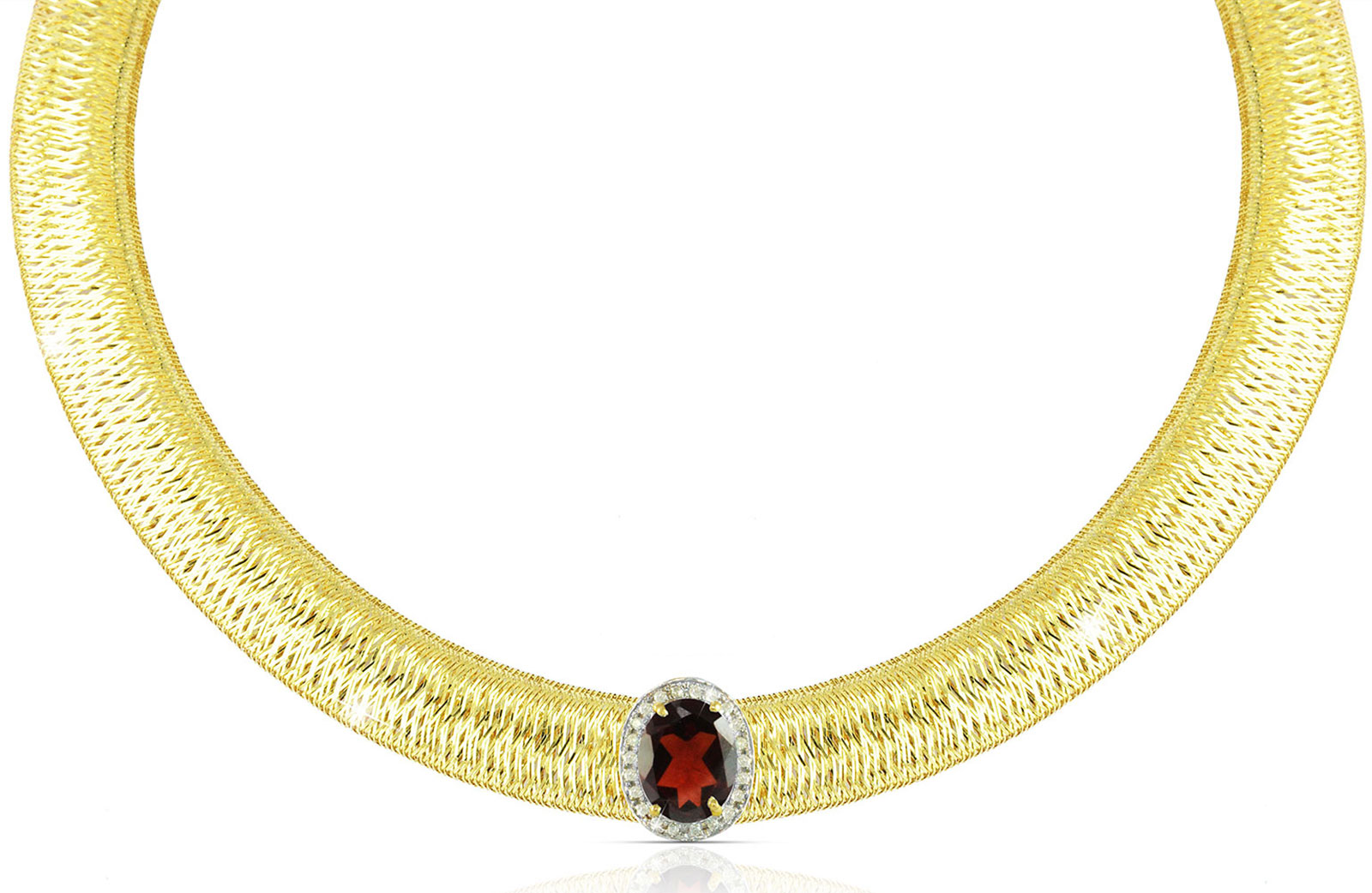 Vera Perla 18k  Gold 10mm Genuine Oval   Cut Garnet 0.12Ct Genuine Diamonds Necklace