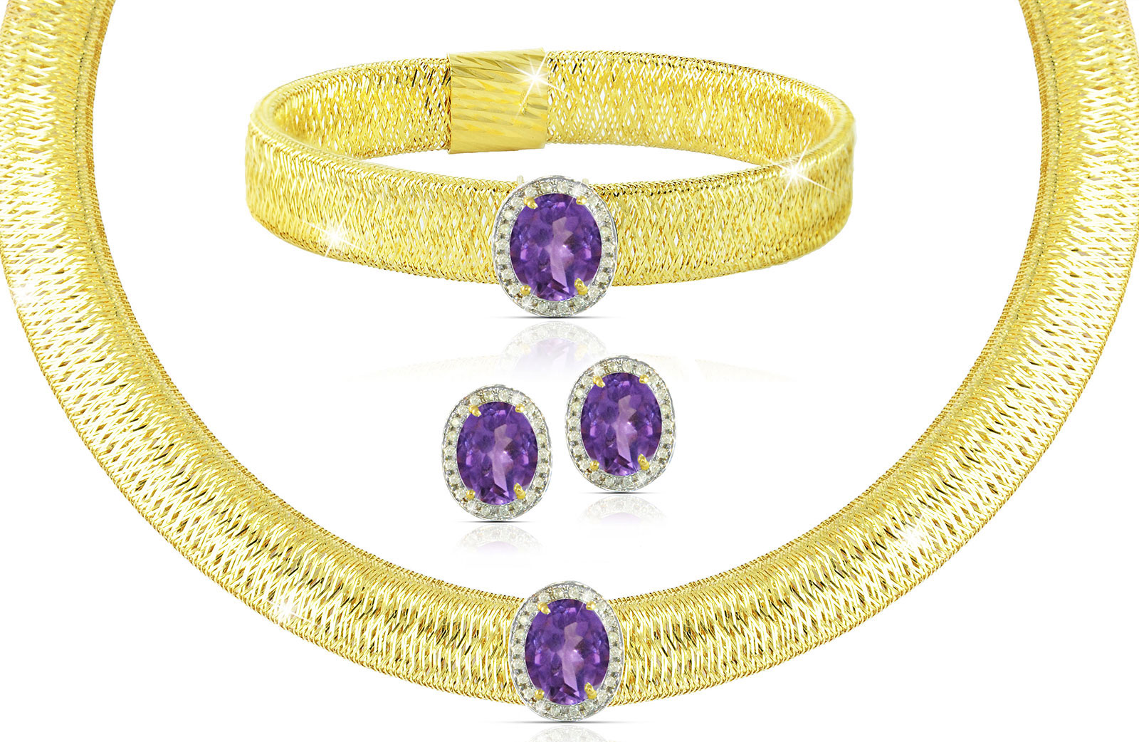 Vera Perla 18K  Gold 0.52Cts Genuine Diamonds and 10mm Genuine Amethysts Necklace, Bracelet and earrings Set 