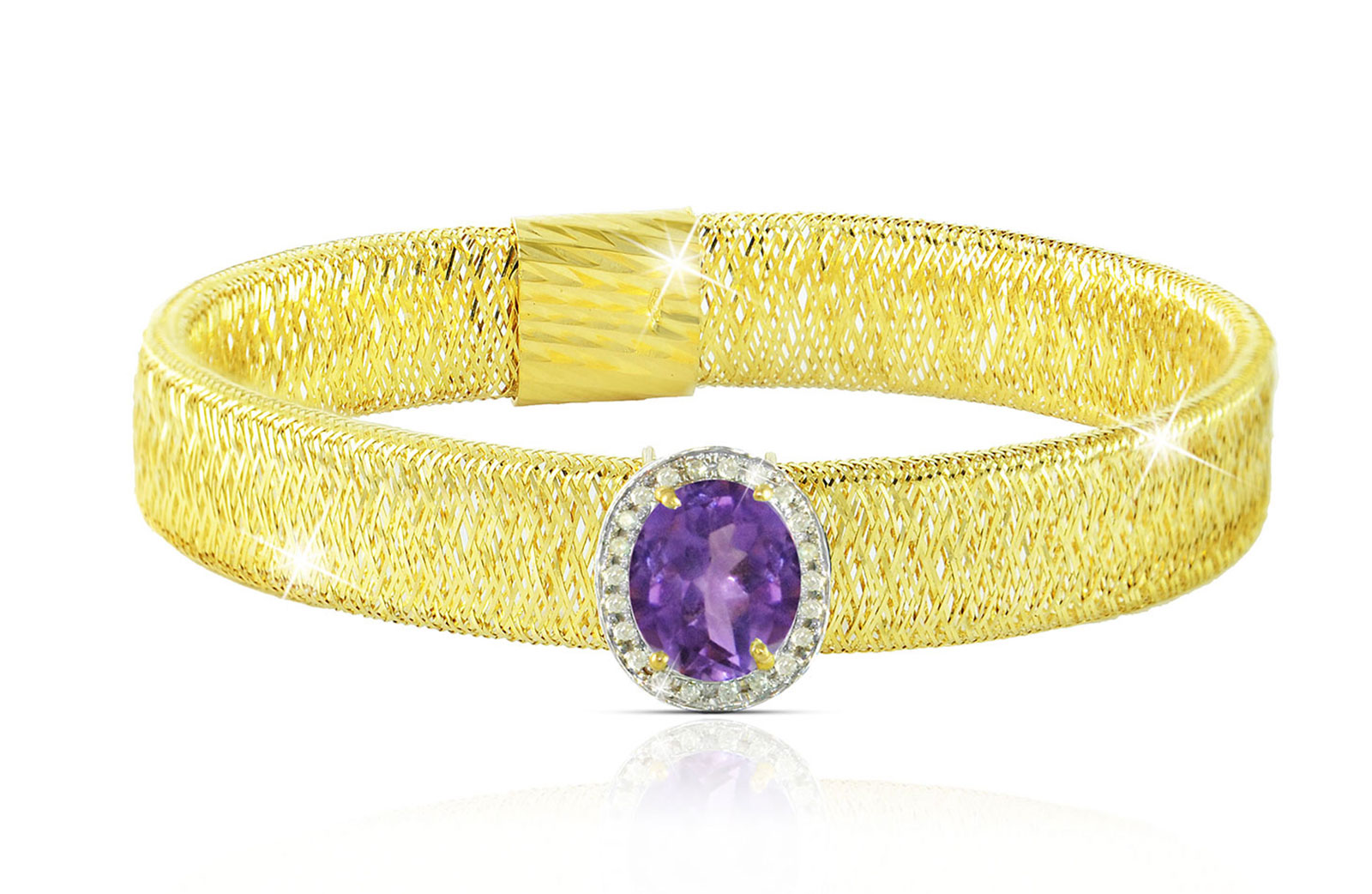 Vera Perla 18k  Gold 10mm Genuine Oval   Cut Amethyst 0.12Ct Genuine Diamonds Bracelet