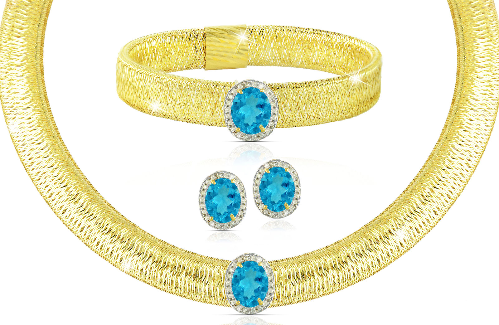 Vera Perla 18K  Gold 0.52Cts Genuine Diamonds and 10mm Genuine Swiss Blue Topazs Necklace, Bracelet and earrings Set 