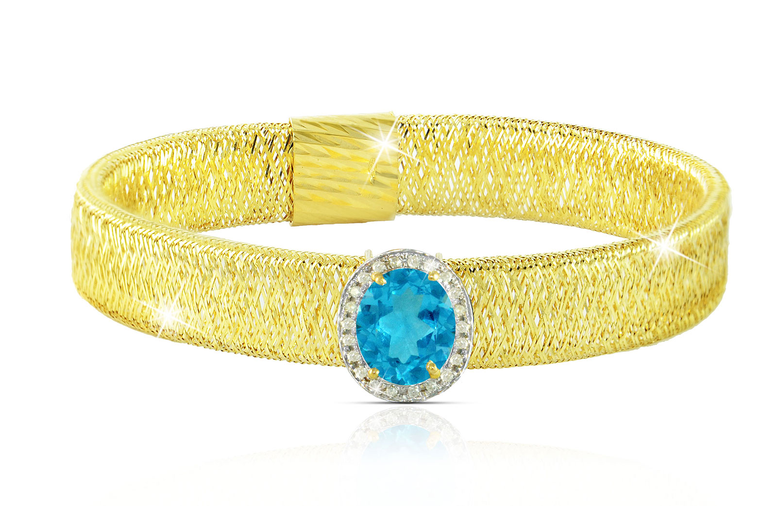 Vera Perla 18k  Gold 10mm Genuine Oval   Cut Swiss Blue Topaz 0.12Ct Genuine Diamonds Bracelet