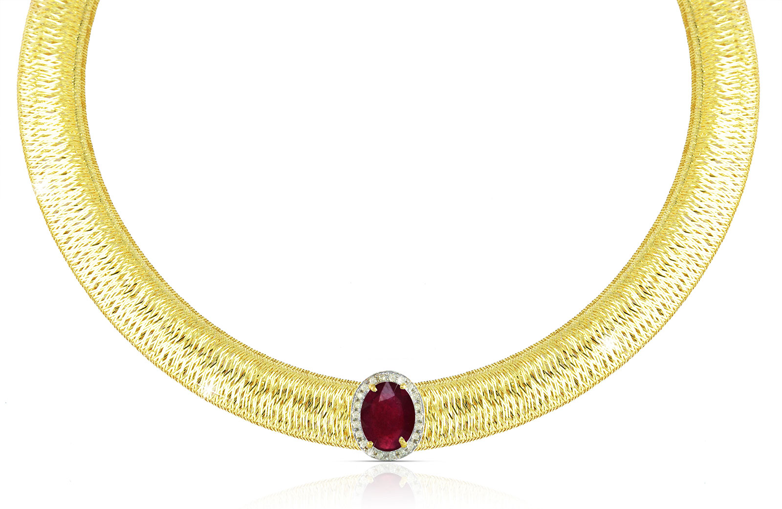 Vera Perla 18k  Gold 10mm Genuine Oval   Cut Ruby 0.12Ct Genuine Diamonds Necklace