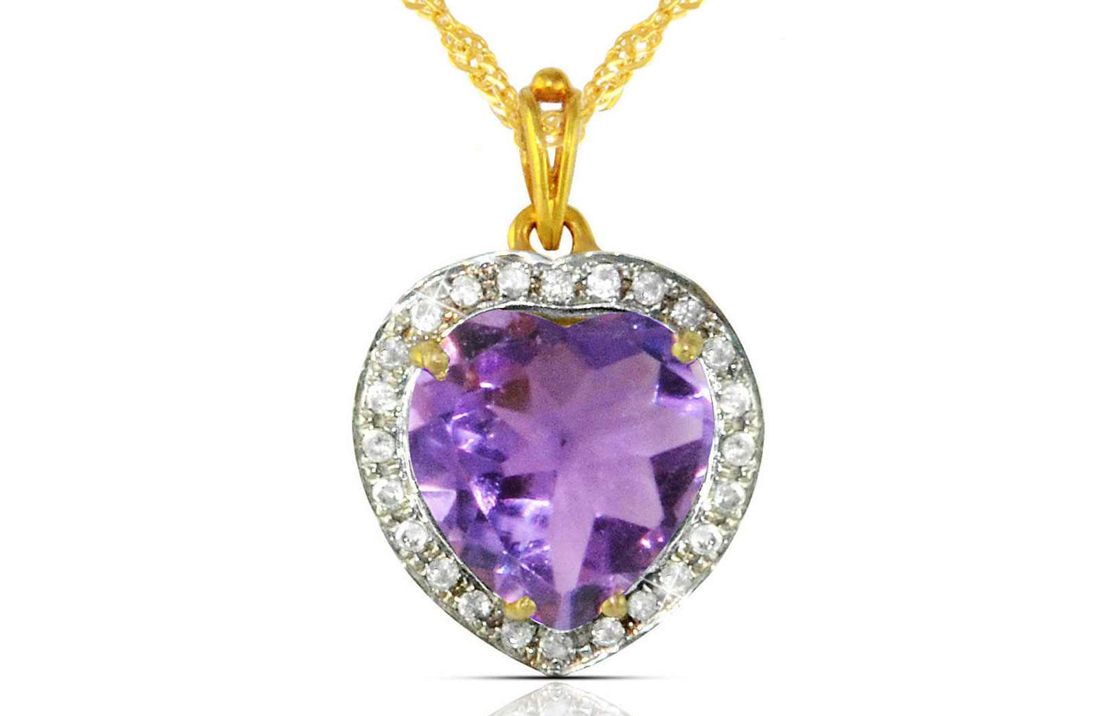 Vera Perla 18k  Gold 10mm Genuine Heart   Cut Amethyst 0.14Ct Genuine Diamonds Necklace
