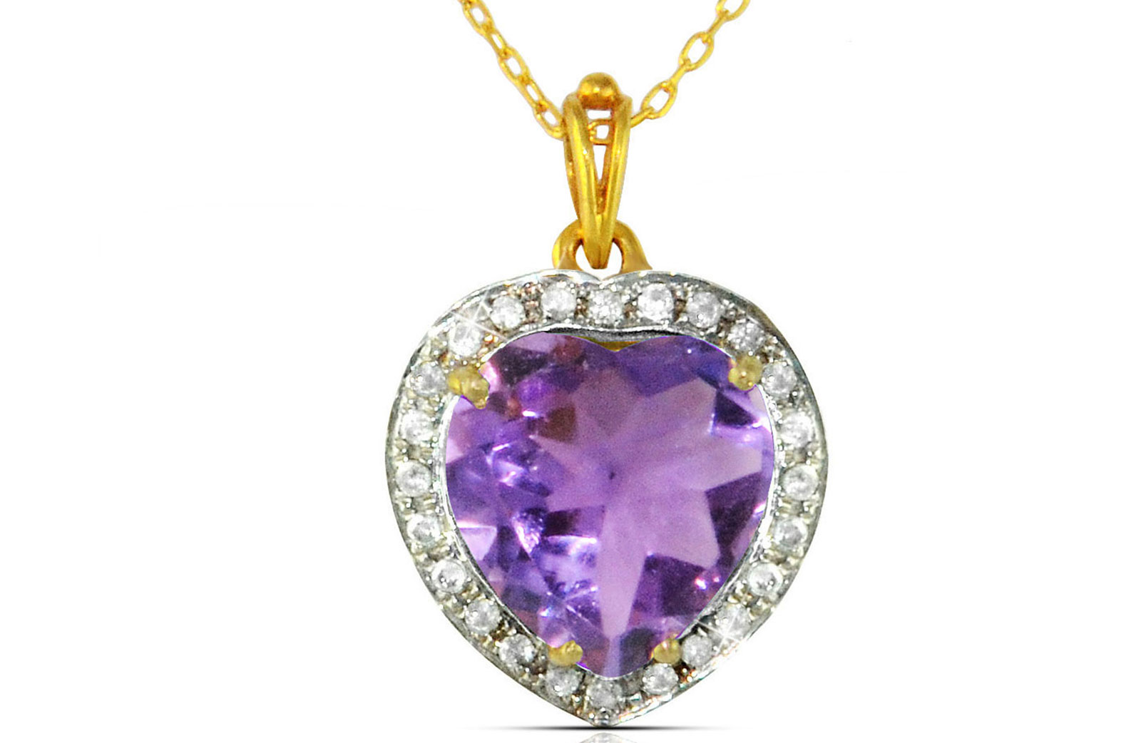 Vera Perla 18k  Gold 10mm Genuine Heart   Cut Amethyst 0.14Ct Genuine Diamonds Necklace