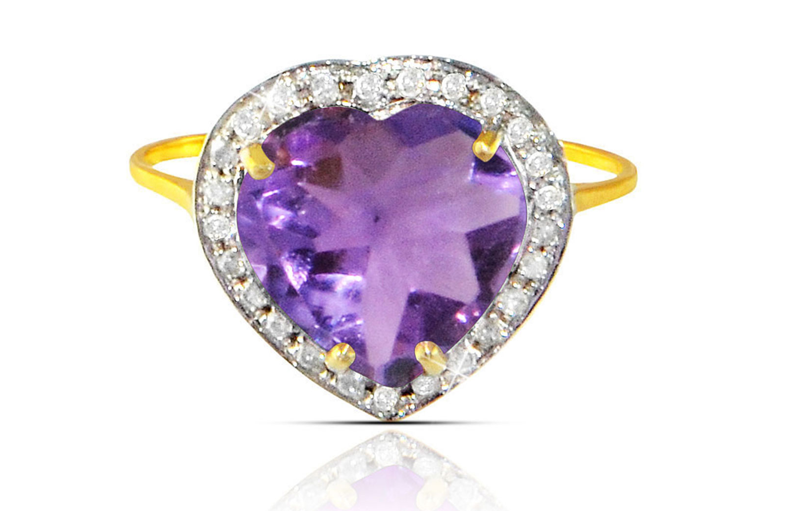 Vera Perla  18k  Gold 10mm Genuine Heart   Cut Amethyst 0.14Ct Genuine Diamonds Ring -SIZE 6.5 US