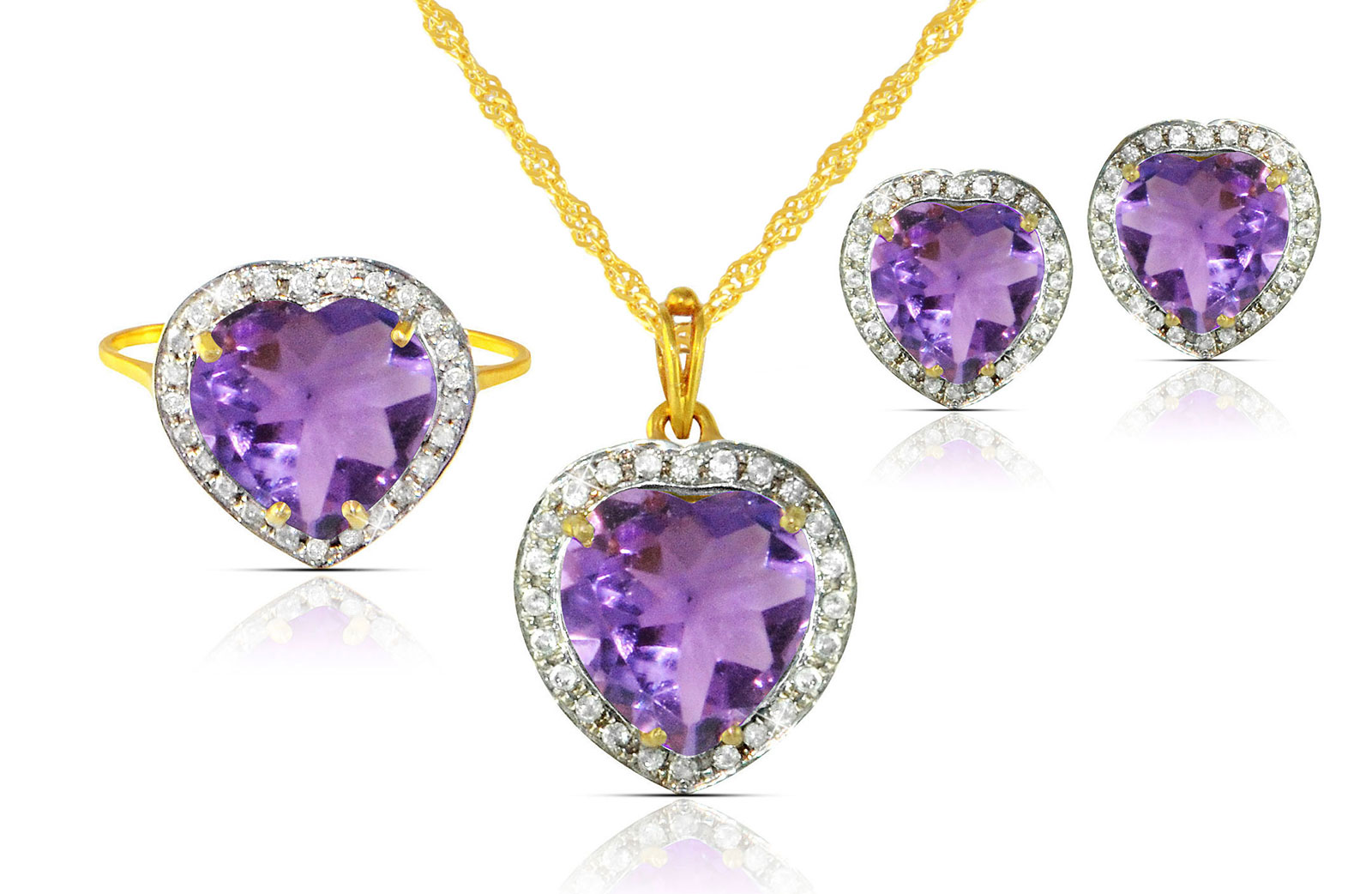 Vera Perla 18k  Gold 10mm Genuine Heart  Cut Amethyst 0.56Ct Genuine Diamonds Jewelry Set