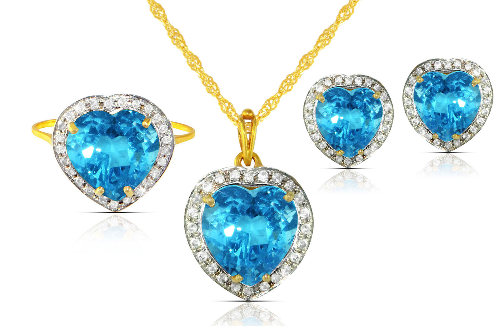 Vera Perla 18k  Gold 10mm Genuine Heart  Cut Swiss Blue Topaz 0.56Ct Genuine Diamonds Jewelry Set