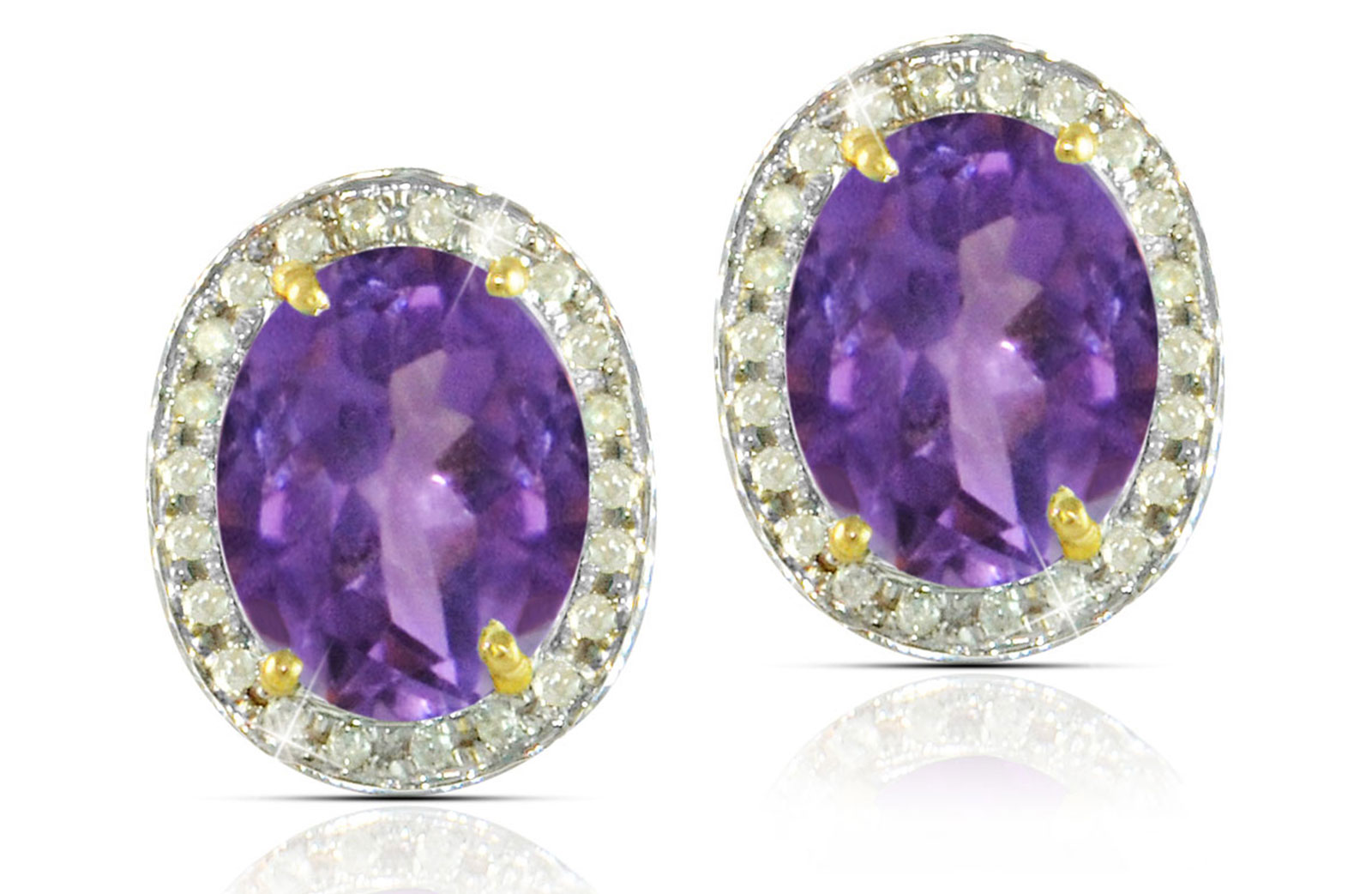 Vera Perla 18k  Gold 10mm Genuine Oval  Cut Amethyst 0.24Ct Genuine Diamonds earrings