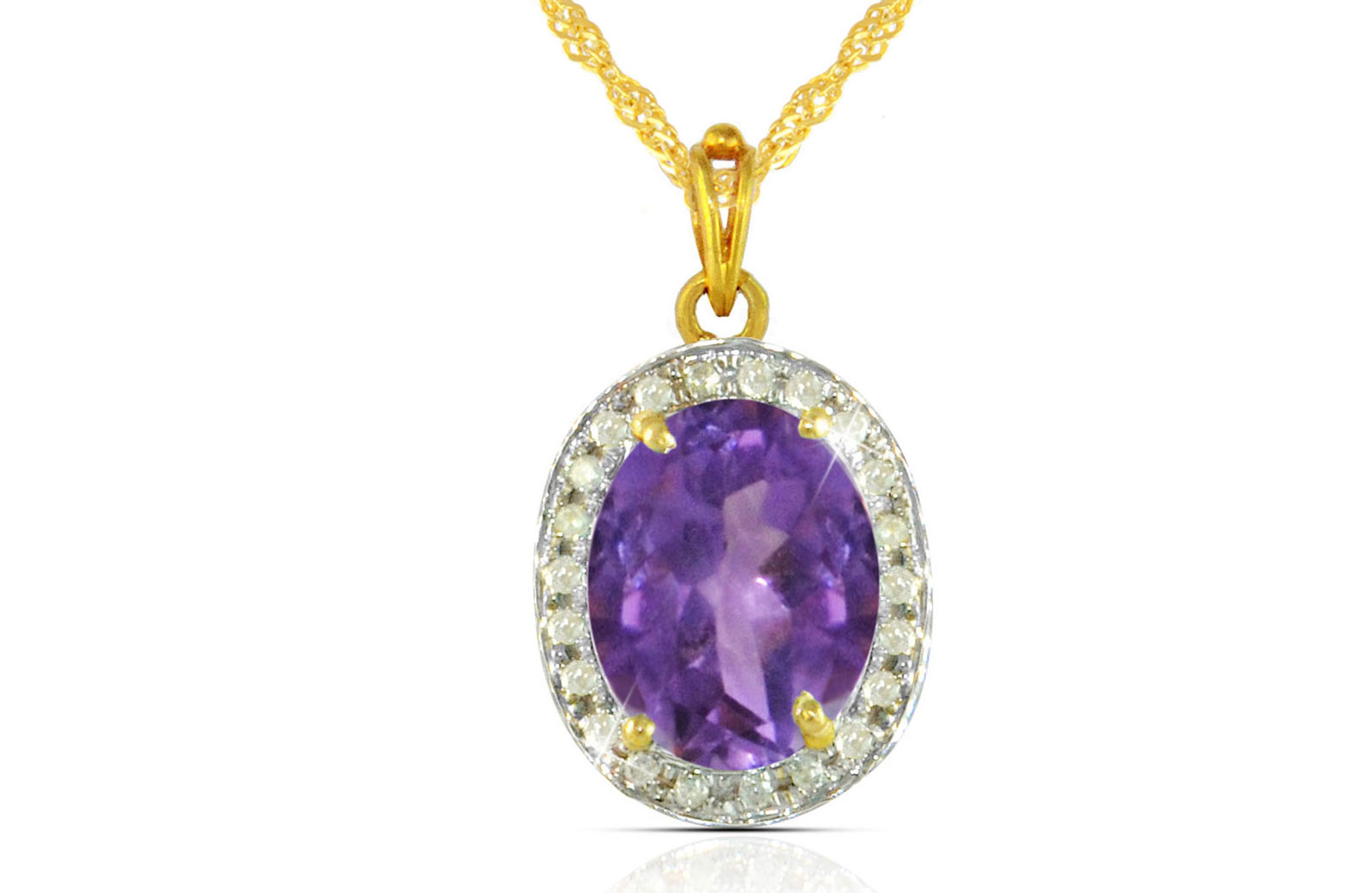 Vera Perla 18k  Gold 10mm Genuine Oval   Cut Amethyst 0.12Ct Genuine Diamonds Necklace