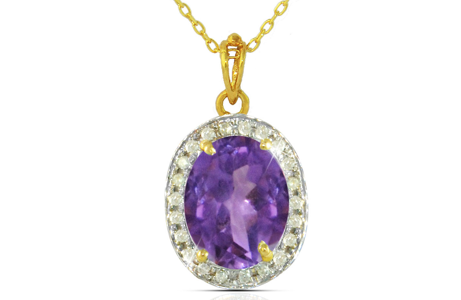 Vera Perla 18k  Gold 10mm Genuine Oval   Cut Amethyst 0.12Ct Genuine Diamonds Necklace