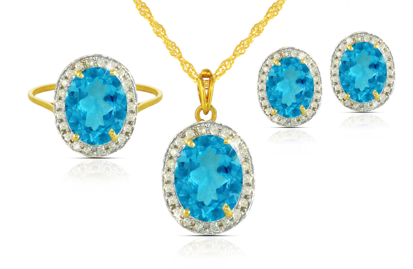 Vera Perla 18k  Gold 10mm Genuine Oval  Cut Swiss Blue Topaz 0.48Ct  Genuine Diamonds Jewelry Set