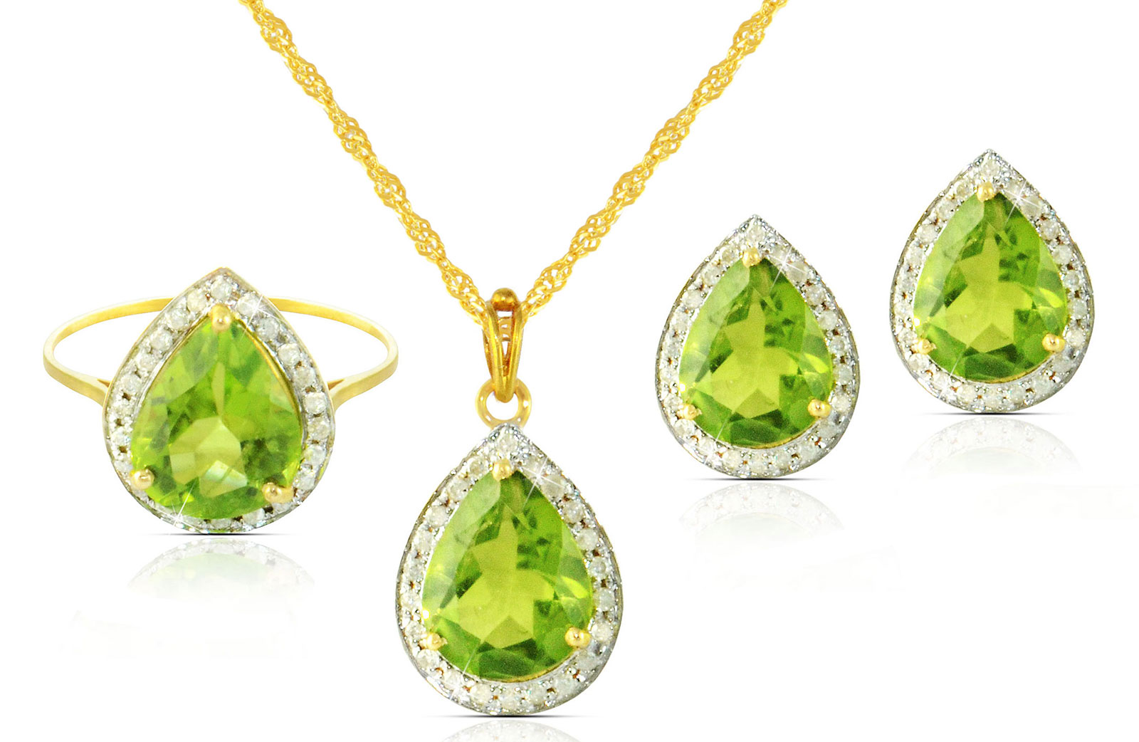 Vera Perla 18k  Gold 10mm Genuine Drop  Cut Peridot 0.48Ct Genuine Diamonds Jewelry Set