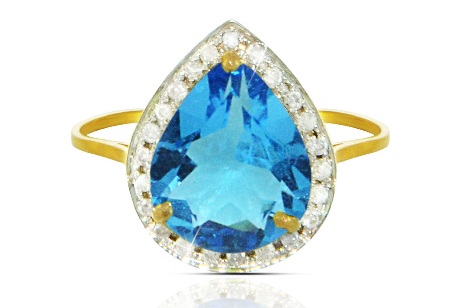 Vera Perla 18k  Gold 10mm Genuine Drop   Cut Swiss Blue Topaz 0.12Ct Genuine Diamonds Ring -SIZE 6.5 US