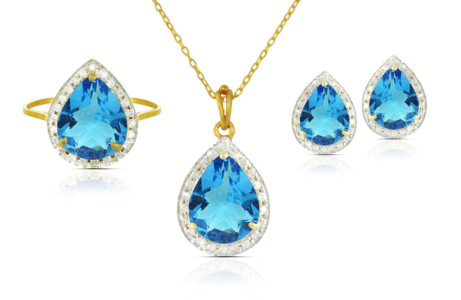 Vera Perla 18k  Gold 10mm Genuine Drop  Cut Swiss Blue Topaz 0.48Ct Genuine Diamonds Jewelry Set