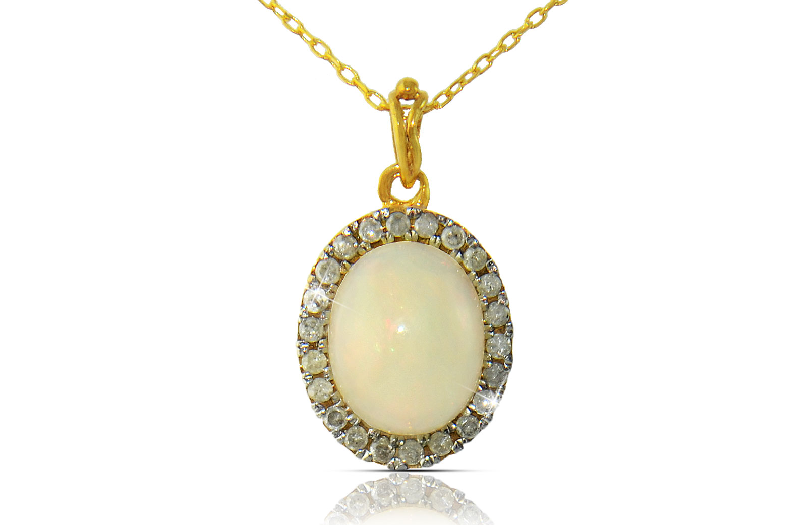 VP Jewels: 10k  Gold 10mm Genuine Oval  Cabochon Cut Opal 0.22Ct Genuine Diamonds Necklace